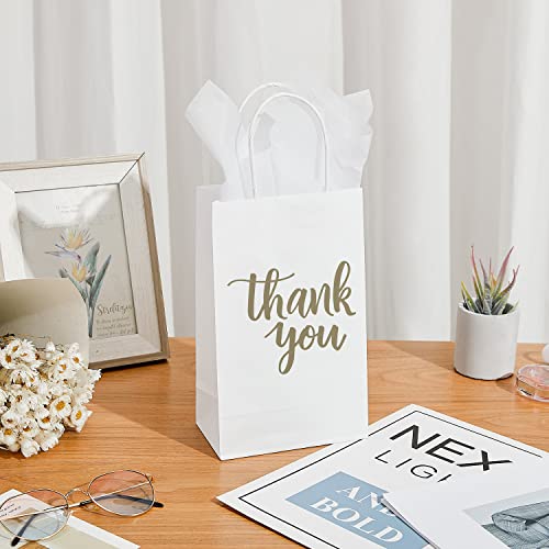 DjinnGlory 50 Pack Small White Thank You Paper Gift Bags with Handles and 24 Sheets Tissue Paper for Small Business, Shopping, Wedding, Baby Shower, Party Favors (Small 9''x5.5''x3.15'', White)