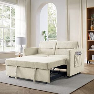 Melpomene Loveseat Sleeper Velvet Couch with Pull-Out Bed, Oversized Armchair and Convertible Sofa Bed with Adjustable Back 55" and Arm Pockets (Beige)