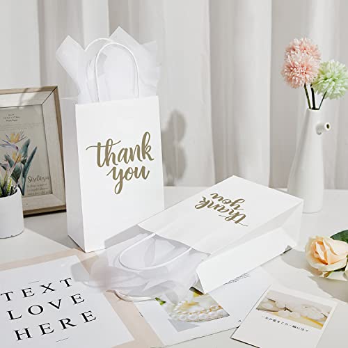 DjinnGlory 50 Pack Small White Thank You Paper Gift Bags with Handles and 24 Sheets Tissue Paper for Small Business, Shopping, Wedding, Baby Shower, Party Favors (Small 9''x5.5''x3.15'', White)