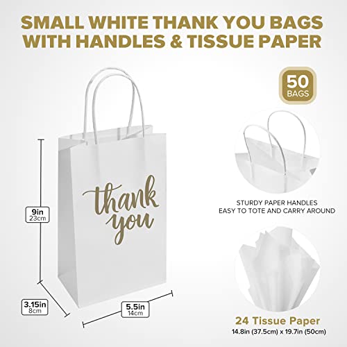 DjinnGlory 50 Pack Small White Thank You Paper Gift Bags with Handles and 24 Sheets Tissue Paper for Small Business, Shopping, Wedding, Baby Shower, Party Favors (Small 9''x5.5''x3.15'', White)