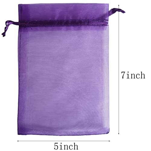 Jwenic 100 Pc Gift Organza Bags 5x7 Purple Inch Drawstring Sheer Fabric Wrap Glitter Soap Sachet for Jewelry Key Chain Cedar Baby Shower Christmas Party Favors Wedding Flat Summer Dry Lavender Flowers