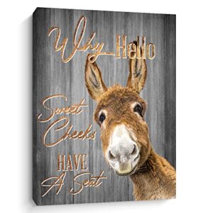 donkey bathroom canvas wall art, why hello sweet cheeks sign, funny animal bathroom picture for wall, wrapped canvas print decor for wall washbasin shelf, 10.6x13.7 inch