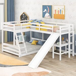 merax wood l-shaped bunk bed with a loft attached, triple bedframe with desk, slide, and guardrails, twin over full, white