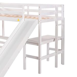 Merax Wood L-Shaped Bunk Bed with a Loft Attached, Triple Bedframe with Desk, Slide, and Guardrails, Twin Over Full, White