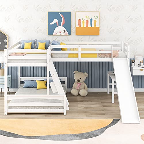 Merax Wood L-Shaped Bunk Bed with a Loft Attached, Triple Bedframe with Desk, Slide, and Guardrails, Twin Over Full, White