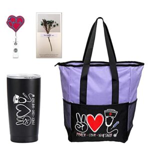 nurse accessories for work nurse gifts - nurse tote bag with stainless-steel tumbler, nurse badge reel gift card great thank you nurse gifts rn gift and perfect graduation gift nurse bag for work