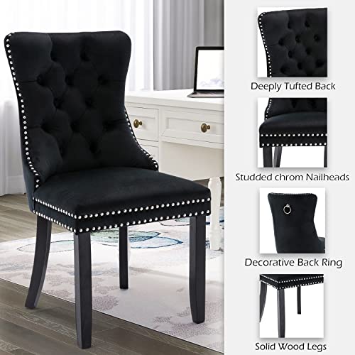 SoarFlash Velvet Dining Chairs Set of 2, Tall Back Side Chair, Modern Upholstered High-end Tufted Side Chair with Button Back Ring, Solid Wood Legs (Black)