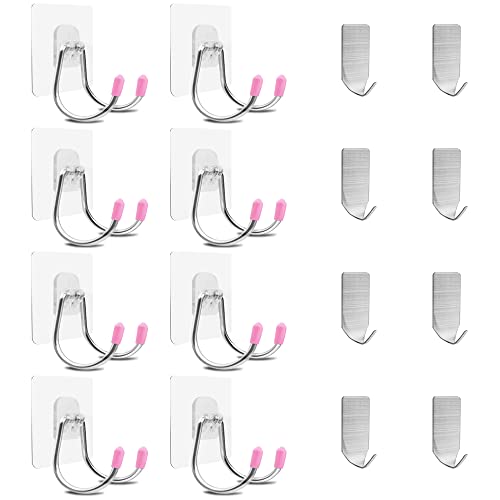 16 Pieces Self Adhesive Wall Hooks, FineGood 8 Transparent Dual Heavy Duty Hooks and 8 Stainless Steel Seamless Hooks, for Kitchen Bathroom Waterproof Self Adhesive Wall Hooks