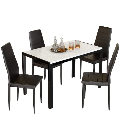 Lamerge Faux Marble Dining Table Set for 4,5 Piece Dining Room Table Set,Rectangular Table and 4 PU Leather Chairs for Living Room,Dining Room,Breakfast Nook,White&Black, (LMDT-wb)