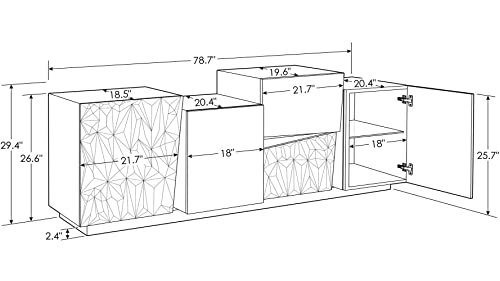 Zuri Furniture 78.7" Wide Modern Verlace Buffet Glossy White Lacquer Black Lacquer Embellishment