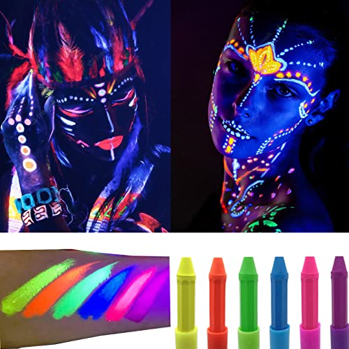 Face Paint Crayons Glow in The Dark Body Painting Kit Under UV and Black Light Makeup Non-Toxic for Halloween Masquerades Easter Festivals Party Supplies (6 Colors)