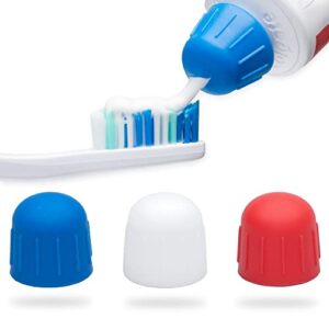 toothpaste topper, self closing toothpaste cap dispenser, self cleaning toothpaste caps top, zero waste cap, red white and blue silicone toothpaste cap