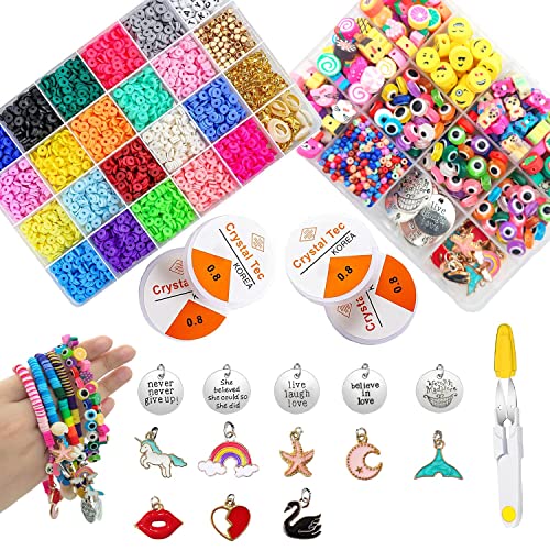 Wakestar Clay Beads Bracelet Making Kit,Flat Round 6mm Clay Beads for Jewelry Making with Pendant Charms Kit,Art Crafts Gift Sets for Girls Ages 3 4 5 6 7 8 9 10 11 12