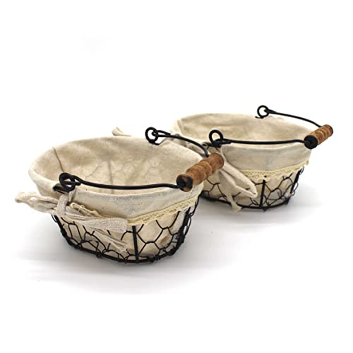 CVHOMEDECO. Primitives Country Chicken Wire Small Gift Baskets Gathering Baskets with Wooden Handle and Fabric Liner. Set of 2 (Oval)