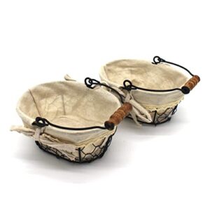 CVHOMEDECO. Primitives Country Chicken Wire Small Gift Baskets Gathering Baskets with Wooden Handle and Fabric Liner. Set of 2 (Oval)