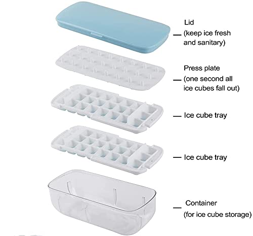 LittleStar Ice Tray with Lid and Bin-Updated Press Plate Easy Release Ice Cubes Double Layers Ice Makers For 48pcs Ice Cubes BPA Free (Blue)