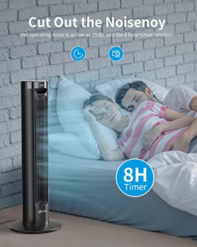 Tower Fan for Bedroom with Remote, 37" Oscillating Fan 21ft/s Velocity Quiet Tower Cooling Fan with 3 Speeds, 3 Modes, 8H Timer, Portable Bladeless Fan Space-Saving for Bedroom Living Rooms Office