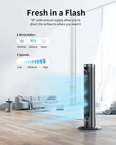 Tower Fan for Bedroom with Remote, 37" Oscillating Fan 21ft/s Velocity Quiet Tower Cooling Fan with 3 Speeds, 3 Modes, 8H Timer, Portable Bladeless Fan Space-Saving for Bedroom Living Rooms Office