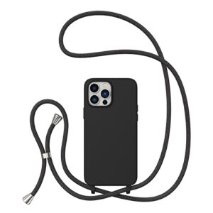 ztofera crossbody case for iphone 13 pro max 6.7 inch with lanyard strap adjustable rope liquid silicone soft cover black