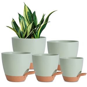 vanslogreen plant pots indoor 7/6.5/6/5.5/5 inch self watering planters for indoor plants with drainage hole, plastic flower pot for succulents, african violet (green)