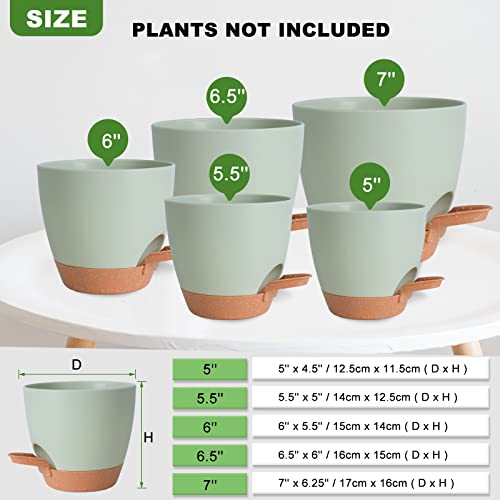 Vanslogreen Plant Pots Indoor 7/6.5/6/5.5/5 Inch Self Watering Planters for Indoor Plants with Drainage Hole, Plastic Flower Pot for Succulents, African Violet (Green)