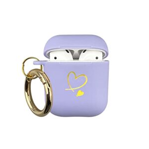 aiiekz compatible with airpods case cute soft tpu with gold heart pattern with keychain shockproof cover case for girls woman airpods 1 &2 (light purple)