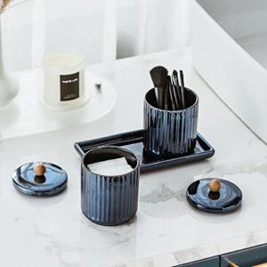 Redelaenor Qtip Holder Bathroom Set with Tray(3PCS) - 2 Piece 12 oz Blue Apothecary Jar Canister with Lid and 1 Pack Ceramic Vanity Tray