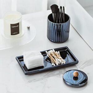 Redelaenor Qtip Holder Bathroom Set with Tray(3PCS) - 2 Piece 12 oz Blue Apothecary Jar Canister with Lid and 1 Pack Ceramic Vanity Tray