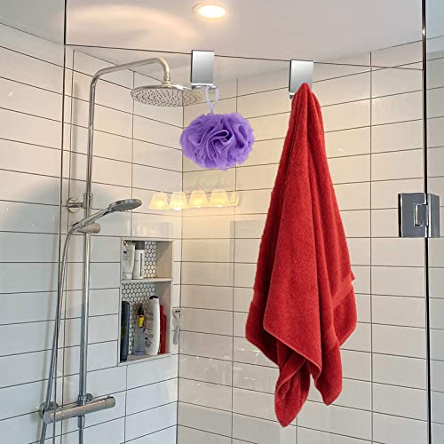 Linkidea 2 Pack Over Shower Door Towel Hook, Double Side Bathroom Towel Hooks with Non-Slip Sponge Pad, Shower Hook for Frameless Glass Doors, Silver