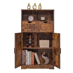 WEENFON Floor Storage Cabinet with 2 Adjustable Drawers & 2 Barn Doors, Standing Cupboard with 2 Shelf, for Living Room, Home Office, Kitchen, Rustic Brown