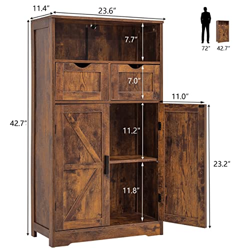 WEENFON Floor Storage Cabinet with 2 Adjustable Drawers & 2 Barn Doors, Standing Cupboard with 2 Shelf, for Living Room, Home Office, Kitchen, Rustic Brown