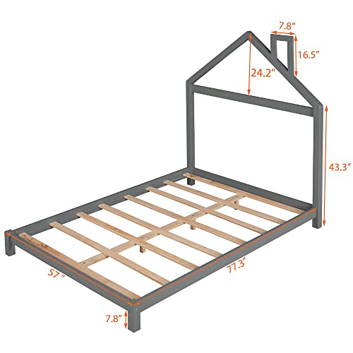 Harper & Bright Designs Full Size Kids Bed Frame with House-Shaped Headboard, Toddler Floor Bed with Solid Wood Slats,Full Platform Bed Frame for Girls Boys,No Box Spring Needed,Gray