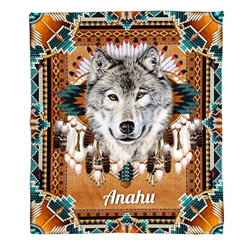 Toyshea Native American Blanket Western Wolf Indian Fleece Or Sherpa Throws Small Large Size Tribal Pattern Blankets Throw Personalized Gifts for Men Women Bedding Couch Outdoor Home Decor