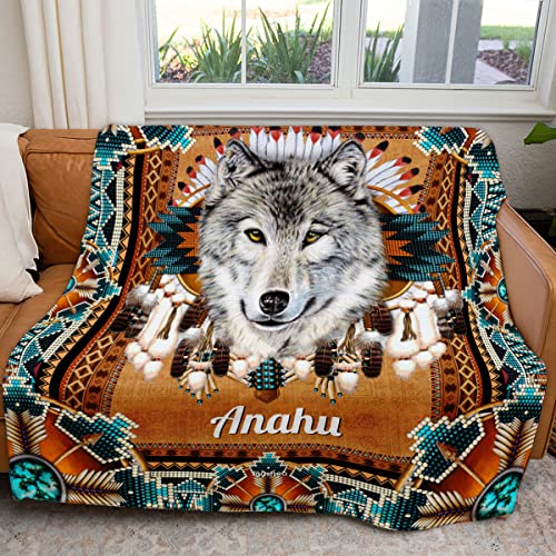 Toyshea Native American Blanket Western Wolf Indian Fleece Or Sherpa Throws Small Large Size Tribal Pattern Blankets Throw Personalized Gifts for Men Women Bedding Couch Outdoor Home Decor