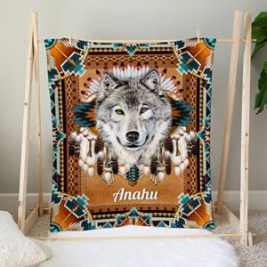 Toyshea Native American Blanket Western Wolf Indian Fleece Or Sherpa Throws Small Large Size Tribal Pattern Blankets Throw Personalized Gifts for Men Women Bedding Couch Outdoor Home Decor