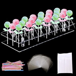 acrylic lollipop holder, 21 hole cake pop stand display cake pop holder 100 pcs lollipop sticks 100 pcs treat bags 100 pcs twist ties,cake candy chocolate making decoration supplies for baby showers party wedding anniversaries