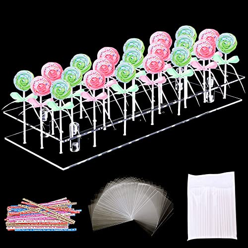 Acrylic Lollipop Holder, 21 Hole Cake Pop Stand Display Cake Pop Holder 100 Pcs Lollipop Sticks 100 Pcs Treat Bags 100 Pcs Twist Ties,Cake Candy Chocolate Making Decoration Supplies for Baby Showers Party Wedding Anniversaries