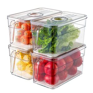 produce saver containers for refrigerator, 6.3lx4 organizer bins with lids stackable large food storage container sets with drain tray, square handle food storage organizer boxes, bpa free, set of 4