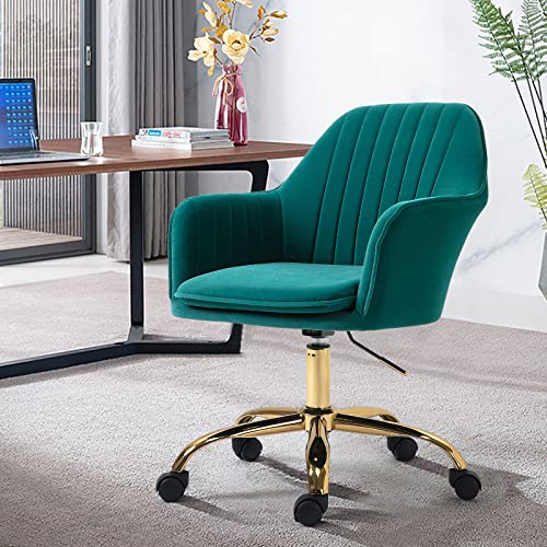 AVAWING Green Cute Office Chair, Mid-Back Vanity Chair Adjustable Task Chair 360° Swivel Roller Chair with Arms and Gold Metal Base for Home Office, Vanity Room, Bedroom