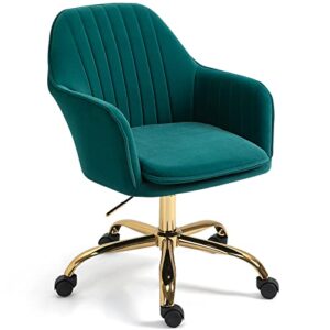 AVAWING Green Cute Office Chair, Mid-Back Vanity Chair Adjustable Task Chair 360° Swivel Roller Chair with Arms and Gold Metal Base for Home Office, Vanity Room, Bedroom