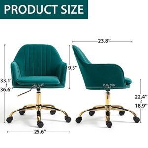 AVAWING Green Cute Office Chair, Mid-Back Vanity Chair Adjustable Task Chair 360° Swivel Roller Chair with Arms and Gold Metal Base for Home Office, Vanity Room, Bedroom