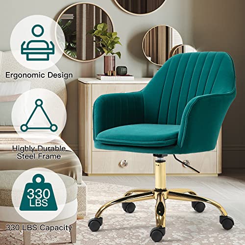 AVAWING Green Cute Office Chair, Mid-Back Vanity Chair Adjustable Task Chair 360° Swivel Roller Chair with Arms and Gold Metal Base for Home Office, Vanity Room, Bedroom