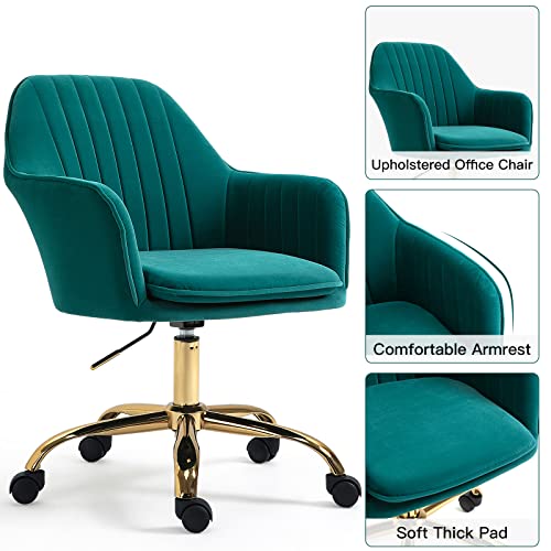 AVAWING Green Cute Office Chair, Mid-Back Vanity Chair Adjustable Task Chair 360° Swivel Roller Chair with Arms and Gold Metal Base for Home Office, Vanity Room, Bedroom