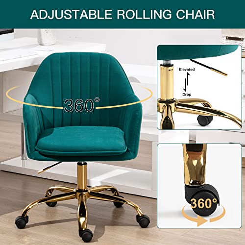 AVAWING Green Cute Office Chair, Mid-Back Vanity Chair Adjustable Task Chair 360° Swivel Roller Chair with Arms and Gold Metal Base for Home Office, Vanity Room, Bedroom