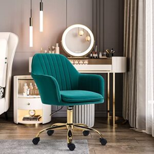 AVAWING Green Cute Office Chair, Mid-Back Vanity Chair Adjustable Task Chair 360° Swivel Roller Chair with Arms and Gold Metal Base for Home Office, Vanity Room, Bedroom