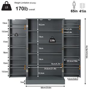 Yusong Kitchen Pantry Storage Cabinet with Doors and Adjustable Shelves, 41" Freestanding Utility Cupboard Cabinets for Dining Room, Living Room, Grey