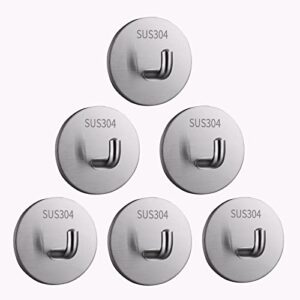 sticky hook adhesive hooks heavy duty for wall hanging 6-pack stainless steel with extra strong waterproof,for towels/keys/hat/clothing/bathroom/kitchen/home/office, silver-6pack