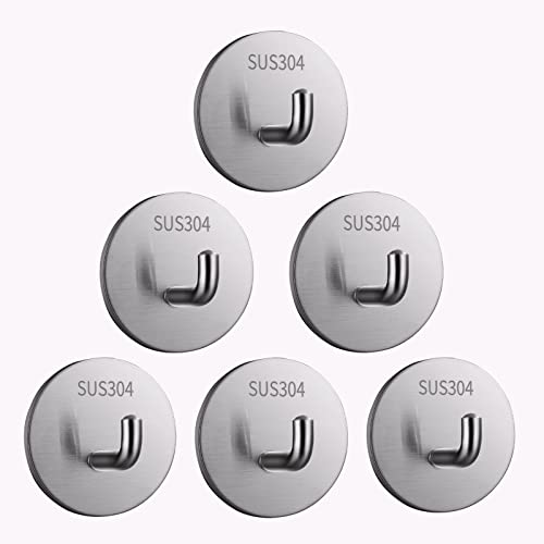 Sticky Hook Adhesive Hooks Heavy Duty for Wall Hanging 6-Pack Stainless Steel with Extra Strong Waterproof,for Towels/Keys/Hat/Clothing/Bathroom/Kitchen/Home/Office, Silver-6pack