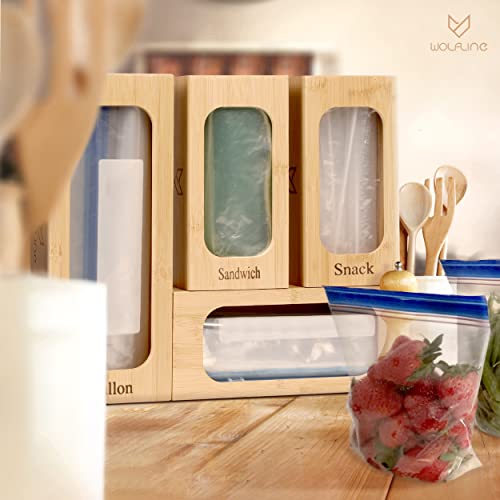 Wolfline Ziplock Bag kitchen drawer organizer, Bamboo plastic bag holder, Premium food storage bag organizer for gallon quart sandwich and snack, Bigger box size for quart slider bags, Silicone grip pad, 4pcs bamboo drawer organizer