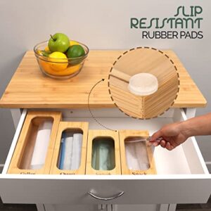 Wolfline Ziplock Bag kitchen drawer organizer, Bamboo plastic bag holder, Premium food storage bag organizer for gallon quart sandwich and snack, Bigger box size for quart slider bags, Silicone grip pad, 4pcs bamboo drawer organizer